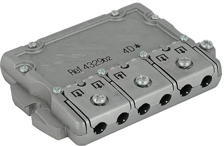 TECHZOCO Repartidor de 4 Salidas TDT y Sat, Repartidor Antena 4 direcciones, 9/7,5dB, Incluye Paso de Corriente DC, Conexión Tipo Brida (EasyF), Apto para TDT-Sat (5-2400MHz), 4 Salidas