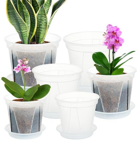 IWTTWY 6 Pcs Plastic Plant Pots, 12/15/18cm Orchid Pot Flower Pot with Drainage Holes and Saucers, Seed Seedling Pots for Indoor Outdoor, Root-Control Nursery Pots for Orchid, Penoy, Rose (Clear)