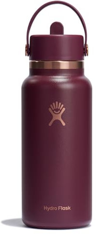 Hydro Flask Water Bottle - Insulated Stainless Steel - Wide Mouth Flex Straw Lid, Non Spill, Leakproof and Refillable in 32 Oz Black Cherry Rose Gold Maroon