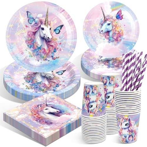 Sancuanyi Einhorn Partygeschirr Set,Einhorn Geburtstagsdeko Party Geschirr,Einhorn Geburtstag Kindergeburtstag Deko, Einhorn Pappteller Teller Tassen Servietten Party Deko für Geburtstagsdeko Mädchen