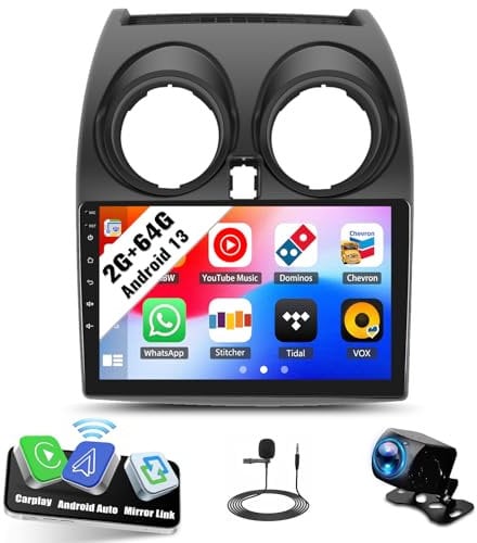 SIXWIN 2G+64G Android 13 Car Stereo for Nissan Qashqai 2006-2016 with Wireless CarPlay Android Auto Mirror Link 9 Inch Touchscreen Bluetooth GPS Navigation WiFi FM Backup Camera MIC