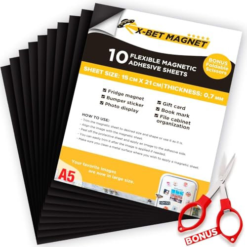 Magnetic Adhesive Tape - Sheets with Adhesive Backing - 10 PCs Each 21 cm x 15cm - Flexible Magnetic Paper with Strong Self Adhesive - Sticky Magnet Sheets for Photo and Picture Magnets - Craft