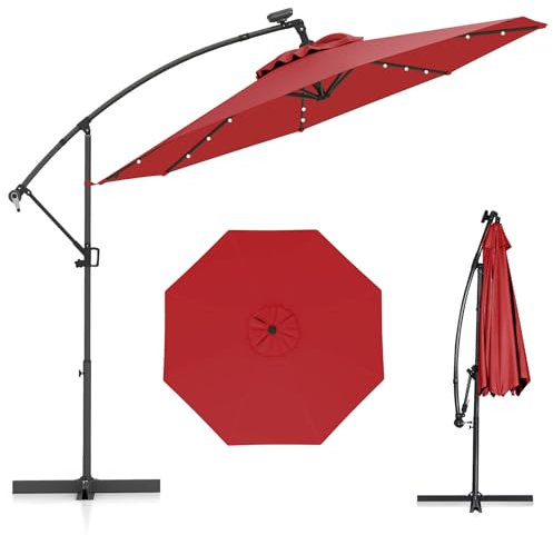 COSTWAY Sombrilla Terraza Exterior 3x3, Parasol Excentrico con 32 Luces LED Solar, Base Cruzada, Ajuste de Inclinación y Manivela, Rotación de 360°, Sombriila Jardin Terraza Balcón Patio (wine)