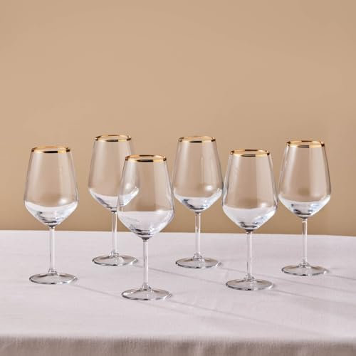 KARACA Orlando - Juego de 6 copas de vino grandes, regalo de copas de vino blanco y tinto, 490 ml, elegante vaso con borde dorado, ideal para el hogar, comedor y entretenimiento