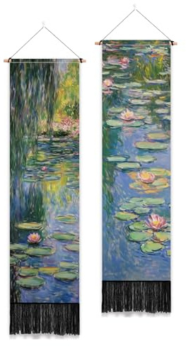 PLIGREAT 2 Packung Ölgemälde Wandteppich Mit Quasten Lotusteich Kunst Wandbehang Vertikal Monet Stil Wandteppich Für Schlafzimmer Wohnzimmer Lang Schmal Dekoration 52 x 13/130 x 33cm