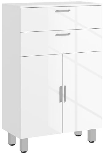 kleankin Badezimmerschrank Beistellschrank mit 2 Hochglanzweiß Schubladen, Tür, Badschrank mit Verstellbarem Regal, Aufbewahrungsschrank für Wohnzimmer 60 x 30 x 93 cm