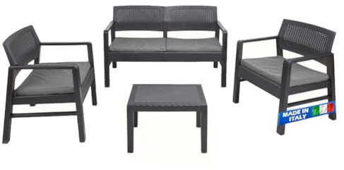 BAKAJI Set Salotto da Esterno Kilimanjaro con Divano, Tavolino e Due Poltrone Ergonomiche, Salottino con Seduta Comoda e Cucini, Struttura Antracite, Ideale per Giardino, Patio, Terrazzo, Bistrot