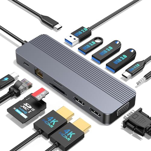 Estación de acoplamiento 3 monitores para laptop HP/Dell/Lenovo/MacBook, hub USB C 13 en 1, estación de acoplamiento para computadora portátil con HDMI dual, VGA, USB 3.0, puerto de carga rápida