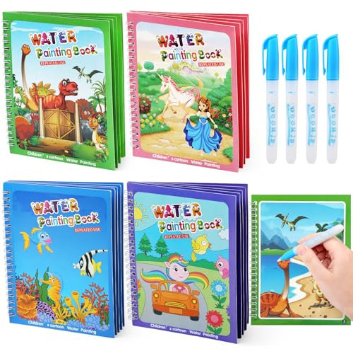 LEADSTAR 4 PCS Peinture avec Livres d'Eau pour Tout-Petits, Jouets de Voyage et Coloriage sans Désordre, Peinture Magique avec Livres d'eau Cadeau Artisanat d'Art avec Pinceau cour âgés de 3 4 5 6 Ans