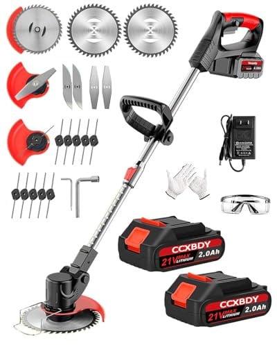 21V Cordless Strimmer, Grass Trimmer with 18,000 RPM and 880W Motor, 90° Head Rotation Garden Strimmer Cordless, 15cm Cutting Width, Brush Cutter for Clearing Weeds Flower Lawn Trees (red)