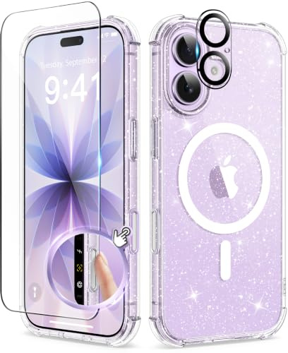 BERFY iPhone 17 Hülle für Frauen, kompatibel mit MagSafe | Stoßfeste klare glitzernde magnetische Handyhülle mit Displayschutz, vergilbungsbeständig,Sparkle Clear