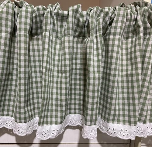 A.Monamour Gardine Scheibengardinen Kurzstores Baumwolle Bauernhaus Rustikal Weiß Grün Kariert Weiß Spitze Kurzvorhang Kurzgardinen Küchengardine Volants Küche Fenster Cafe Kurz Vorhang Bistrogardine