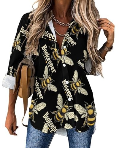 Bee Keeper Women‘s Long Sleeve Shirt Irregular Hem Blouse Tops Oversized T Shirts Button Down