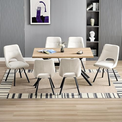 LEWE Essgruppen Rechteckig Esstisch aus Holz mit 6 Drehbare Stühlen, Beige | 140 x 80cm Esstisch mit Gepolsterte Esszimmerstühle, Drehbar 360°,Breitere Sitzfläche, für Küche Esszimmer und Wohnzimmer