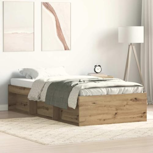 LoogCape Artisan Oak Single Bed Frame 90x190 cm Engineered Wood, Mattress Foundation & Frame, Plywood Slats for Beds, Under-Bed Storage