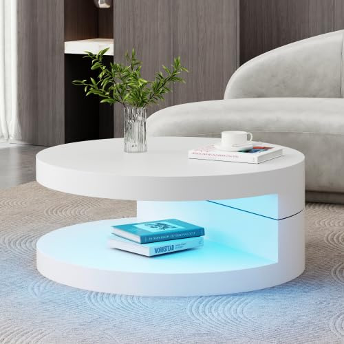 Merax Weißer Zylindrischer Couchtisch 70×70×35,5 cm, 360° Drehbare Tischplatte mit 16 Farbigen LED-Leuchten, Multifunktionaler Wohnzimmertisch mit Doppelschicht-Aufbewahrung