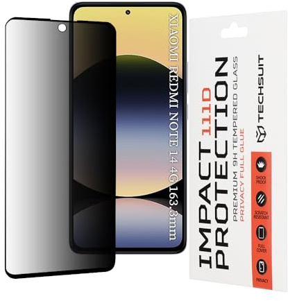 Techsuit Sichtschutzfolie für Xiaomi Redmi Note 14 4G, Redmi Note 14 5G Gehärtetes Glas mit 9H Härte, Vollständige Abdeckung, Blickschutz Beschichtung, Anti Fingerabdruck, 111D Privacy Full Glue
