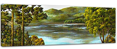 Keilrahmenbild - Herbst Bergsee - Bild auf Leinwand 120 x 40 cm einteilig - Leinwandbilder Bilder als Leinwanddruck Landschaften Malerei - grüne Hügel mit See