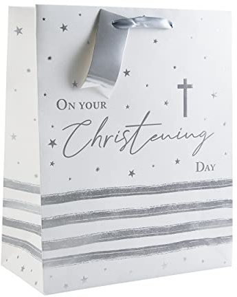 Large Christening Gift Bag White with Silver Foil Cross Unisex Girl Boy 13x10.25