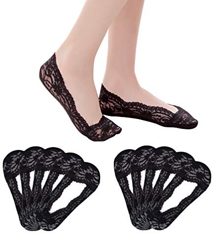 FEPITO 10 Pairs Women No Show Lace Boat Socks Non slip Ankle Socks Low Cut Liner Invisible Socks for Sneaker Loafers(Black)