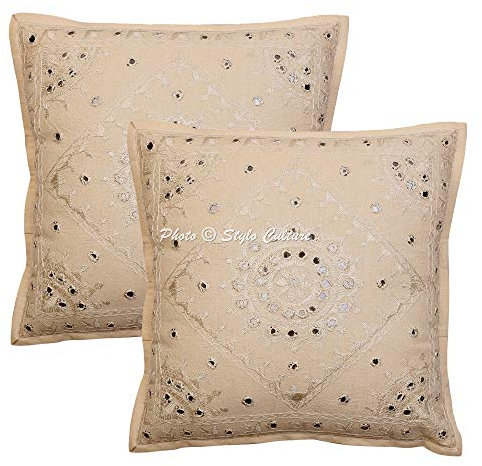 Stylo Culture Indio Fundas Almohadones Decorativa 40x40 cm Algodón Espejado Fundas De Cojines Cama Beige 16x16 Inch Bordado Cuadrado sobre Fundas De Cojines De Sofa - 2 Pcs