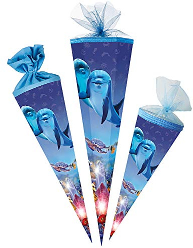 Schultüte - Delfin - Fische Unterwasser - 22-85 cm - Größe wählbar - rund - Filzabschluß - Zuckertüte - mit/ohne Kunststoff Spitze - Nestler - Jungen Mädc..