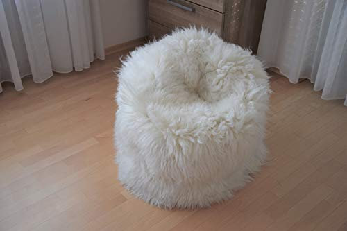 Naturasan Fell Sitzsack, Sitzsackhülle aus echtem Natur-Lammfell, Sitzkissen, Pouf, Hocker, Sessel BeanBag, 65cm Durchmesser, Natur Weiß