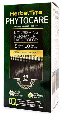Herbal Time Phytocare Tinte Permanente | Sin Amoniaco, Sin Parabenos | Tinte Natural Pelo Profesional | Kit Tinte de Pelo | Nutre y Protege Tu Cabello | Color Marrón Oscuro 4N