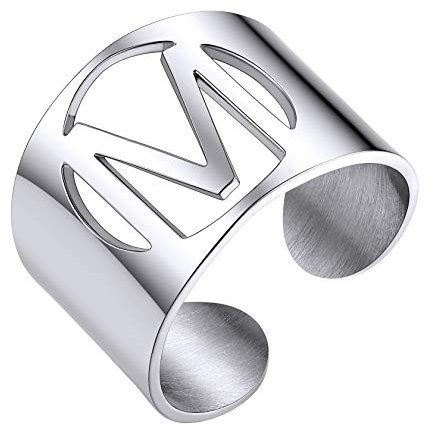 ChainsHouse Edelstahl Breit Ring Alphabet M Fingerring Offener Bandring Partnerring Namenring für Valentinstag Geburtstag