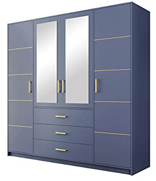 Drehtürenschrank Bado 4D II, Kleiderschrank mit Spiegel, Schubladen und Spiegeltüren, Elegantes Schlafzimmer Schrank, Jugendzimmer, Farbauswahl (blau/blau + Gold)
