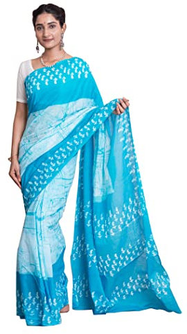 Kishori Tissu batik en coton imprimé à la main pour sari et chemisier (Firozi), Firozi, 5,5 m, Firozi, 5,5 m, Firozi, 5.5 Meters