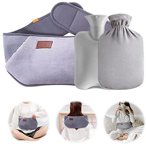 IWILCS Hot Water Bottle, Warm Hot Water Bag, Rubber Hot Water Pouch with Soft Plush Hand Waist Warmer Cover, Hot Water Bottle Belt for Neck, Shoulder, Back, Legs and Waist Warm(Gray)