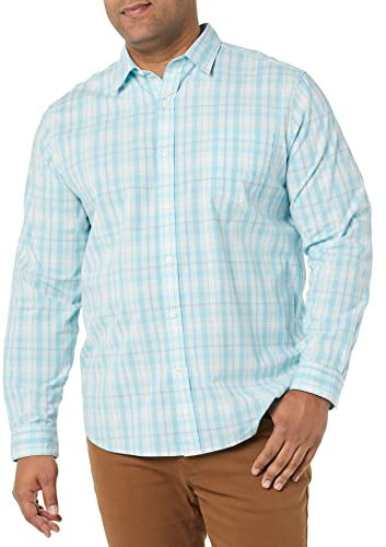 Amazon Essentials Men's Long-Sleeved Regular-Fit Stretch Poplin Shirt, Light Blue White Medium Plaid, XS