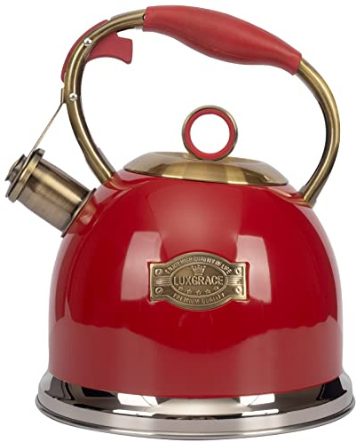 Tea Kettle, Stovetop Whistling Teapot, Stainless Steel, Red, 3.0-Quart