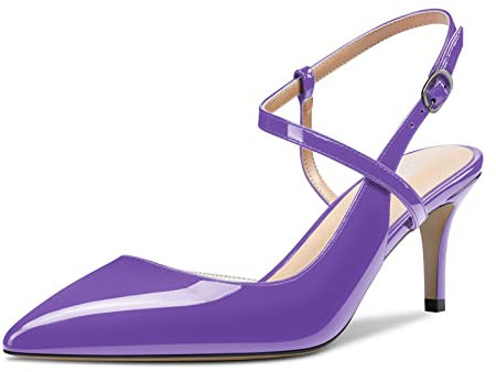 HDEUOLM Scarpe da Donna con Tacco Medio Slingback Gattini Heel a Punta Sandali Taglia Extra Pumps Cinturino alla Caviglia Viola Verniciata 38 EU