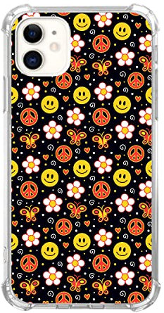 Smiley Face Flower Butterfly Cartoon Phone Case Compatible with iPhone 12,Hippie Peace Pattern Cover for Girl Women Men,Unique Soft TPU Bumper Case Cover
