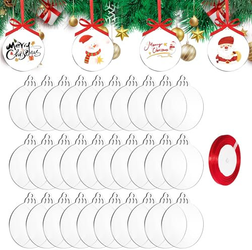 TAIANJI 50 Stück Acrylscheibe Weihnachtskugel Acrylscheibe, 10 cm Deko Anhänger Christmas, Acryl Weihnachtskugeln mit Rotem Seil, Durchsichtig Runde Anhänger für Ornaments DIY Kit