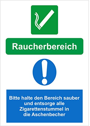 Indigos UG Aufkleber Raucherbereich Sauber Aschenbecher - 300x200 mm - Hotel, Firma, Schutz, Kita, Arzt, Praxis, Wohnung - Sicherheit - Warnung