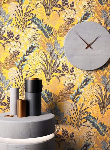 Newroom Tapete Gelb Vliestapete Dschungel - Dschungeltapete Tropisch Grau Pink Blätter Monstera Struktur Floral inkl. Tapezier-Ratgeber