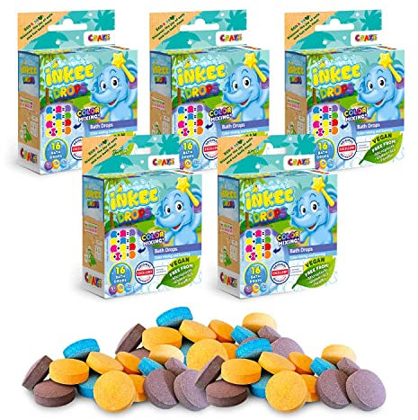 CRAZE INKEE Bath Drops | 5er Pack Badetabletten zum Farben Lernen, Badefarben für Kinder Badewanne - 80 Badekugeln Kinder mit Erdbeer-Duft, 1 Stück (5er Pack)
