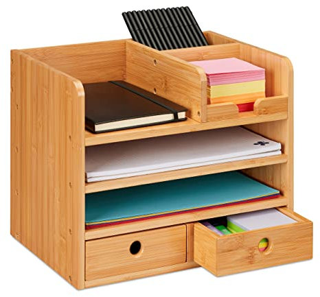 Relaxdays Organisateur Bureau, 2 tiroirs, 5 Compartiments, HxLxP: 26,5 x 33 x 24 cm, Bambou, Espace de Travail, Nature