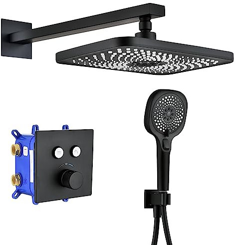 HOMELODY Duschsystem Schwarz Unterputz Duscharmatur Duschsystem mit Thermostat 40℃,Unterputz Dusche Regendusche Schwarz inkl.Übergroßer Kopfbrause Multifunktion Handbrause,Messingkörper