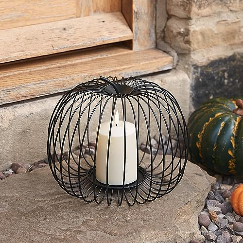 Lights4fun LED Kürbis Schwarz aus Draht mit TruGlow® LED Kerze Batteriebetrieb Timer Halloween Deko Herbst Dekoration Halloween Kürbis Outdoor