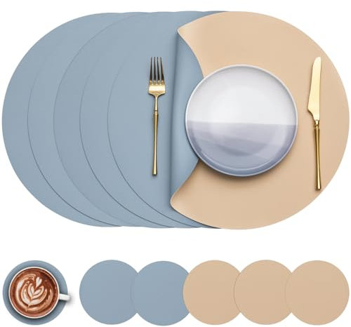Myir JUN Tischsets 6er Set, Tischsets Abwaschbar Platzsets Rund Ø 38cm Platzdeckchen Rund Doppelseitigen rutschfest Platzsets Kunstleder Leder Tischset Lederoptik (Kamelgelb Hellblau, 6er Set)