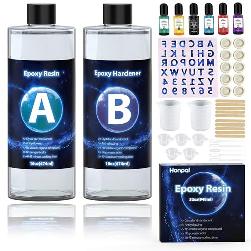 Honpal Epoxy Resin Kit 32oz/948ml Clear Epoxy Resin and Hardener with Resin Pigment, Silicone Mold for Beginner, No Bubble, Vocs, 2X UV Resistance Resin Kit for Crafting, Jewelry DIY, Tumbler