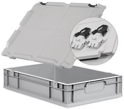 goodsforbusiness Eurobox NextGen Economy 60x40x12cm, Verschlüsse Schwarz | Logistikbox Campingbox Lagerbox Kunststoffbox grau Griffe geschlossen mit Scharnierdeckel, 23 Liter, stapelbar
