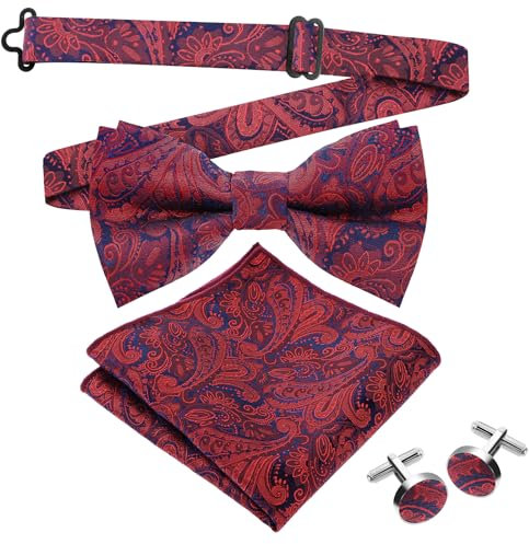 Lusofie Fliege mit Einstecktuch Seide Herren Fliege Paisley Rot Krawatte Einstecktuch Jacquard Einstecktuch Bow Tie Manschettenknöpfe Set Männer Silvester Fliege