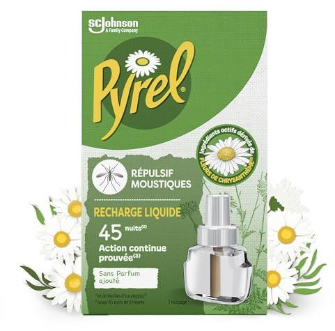 Pyrel Recharge Diffuseur Électrique Liquide - Répulsif Moustiques 45 Nuits - Sans Parfum - 1 Recharge