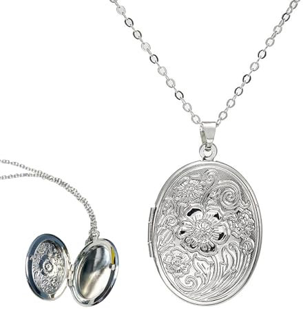 TJUSPIRIT Vintage Medaillon Foto Kette Damen Edelstahl Photo Bild Amulett Anhänger Oval Medaillon zum Öffnen Halskette Charms Schmuck Geschenk für Damen Mädchen Mutter Tochter Freundin(Silber 1)