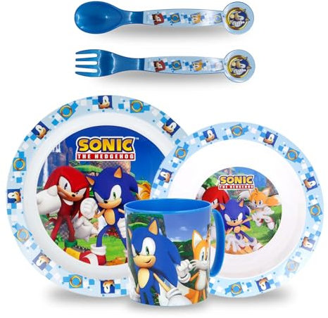 Sorrisini Kindergeschirr Set Sonic, Wiederverwendbares Babygeschirr Set, Kinder Essgeschirr Plastik Microwaveable Kinder Geschirr Teller, Müslischale, Trinkbecher 350ml kinderbesteck, Frühstücksset